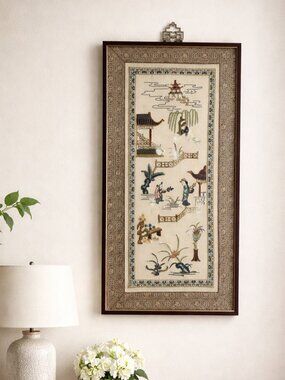 Vintage Framed Chinese Silk Embroidery Panel - Asian Garden Scene Oriental Art